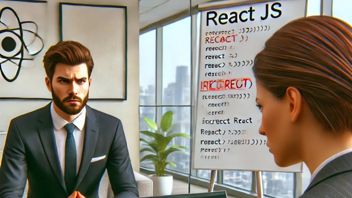 A tense job candidate struggles for a React JS interview, typing on a laptop showing an error, as the interviewer observes critically.