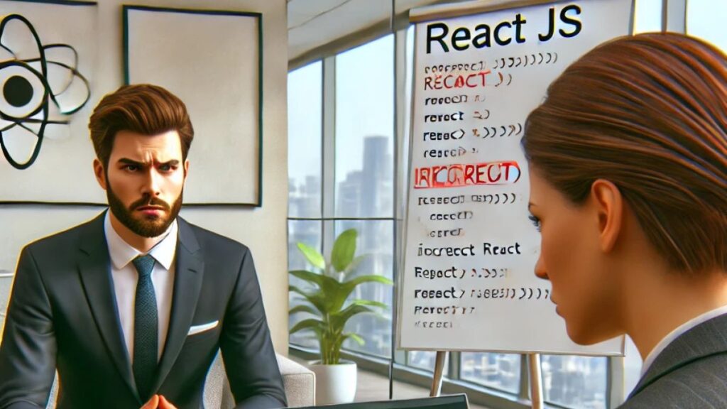 The anxious job candidate giving an interview in React JS while typing on a laptop that shows an error message, interviewer with a serious expression.