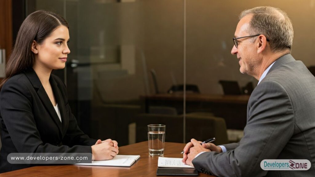 A woman in a black suit being interviewed in a modern office.