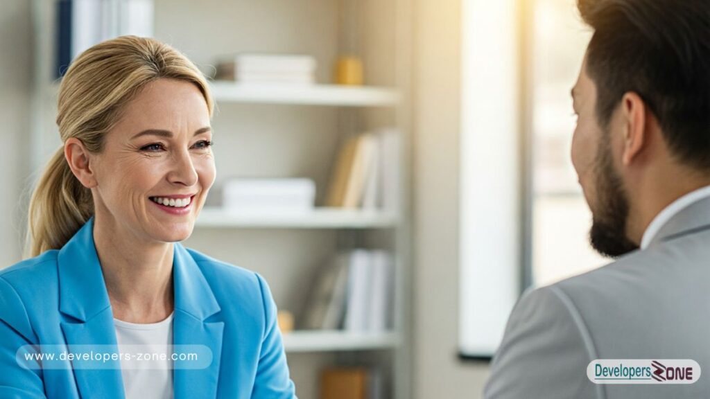Professional job interview. A well-dressed candidate faces an interviewer with a smile.